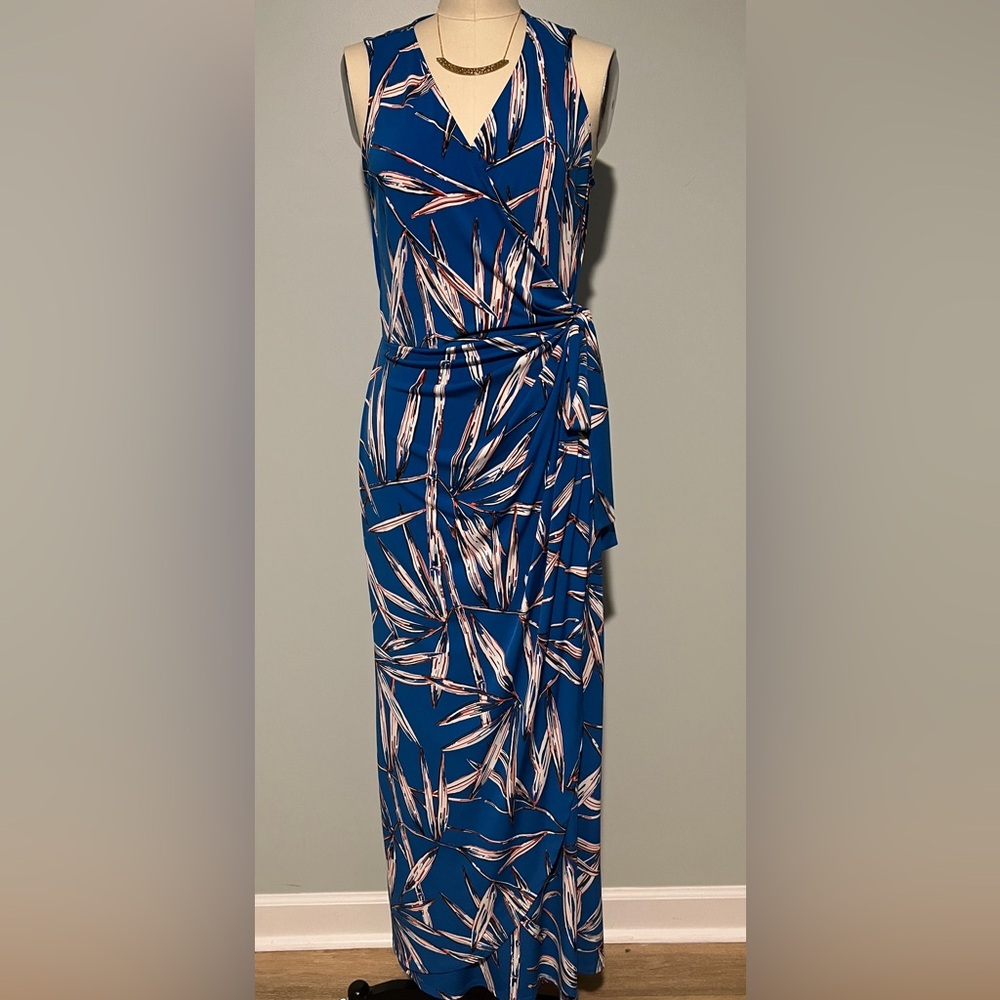 London Times Blue Sleeveless Wrap Dress with white and brown leaf pattern.